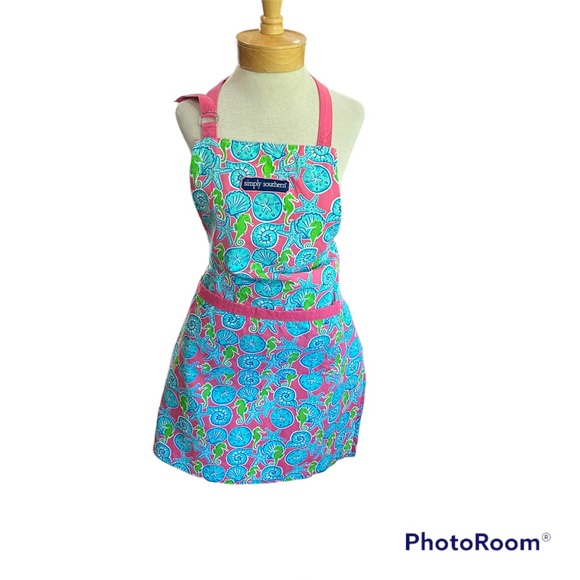 Simply Southern Bib Apron Tie back adjustable at neck Pink Blue Green Seashell - Picture 3 of 9
